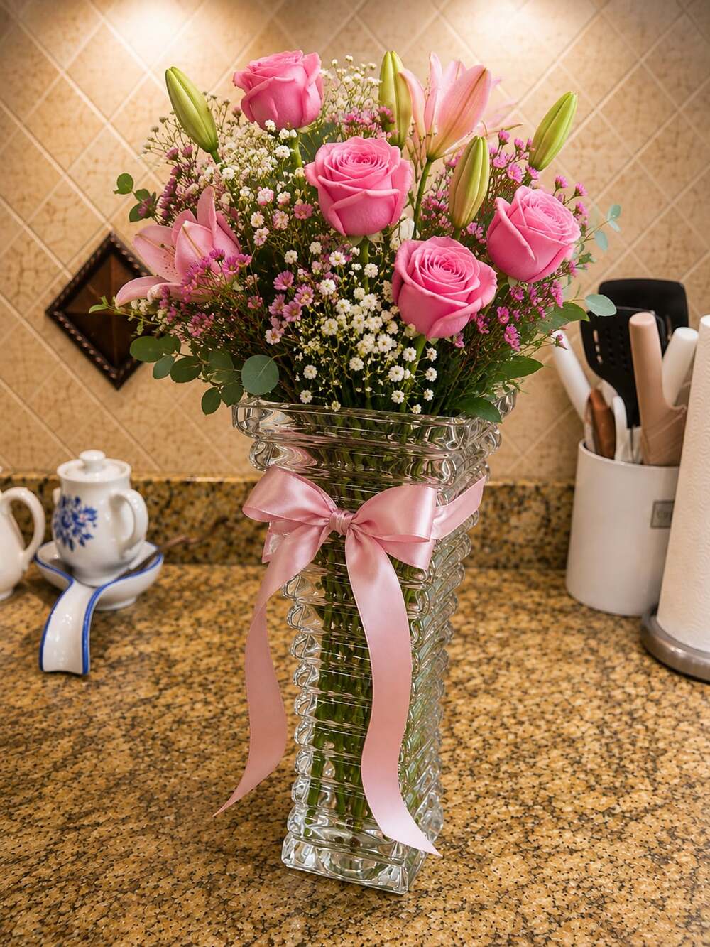 Clear Ribbed Glass Square Flower Vase